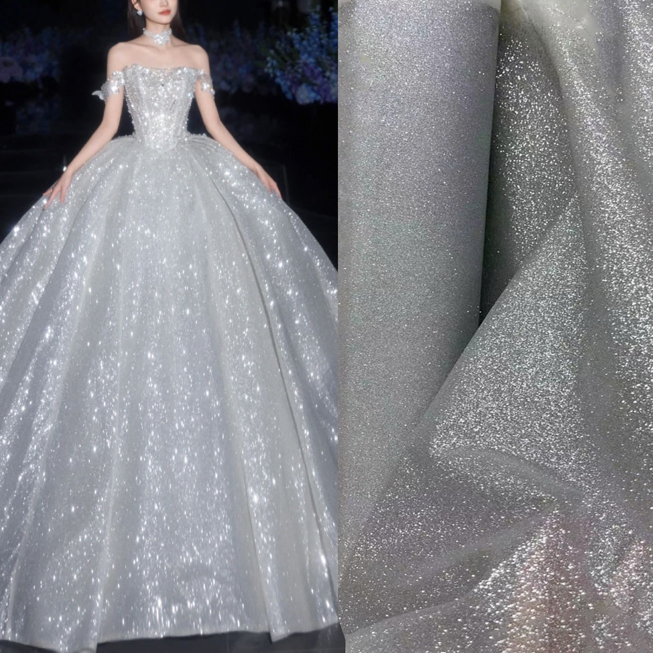 Crystal Mesh Fabric - Ivory silver glitters and is crisp