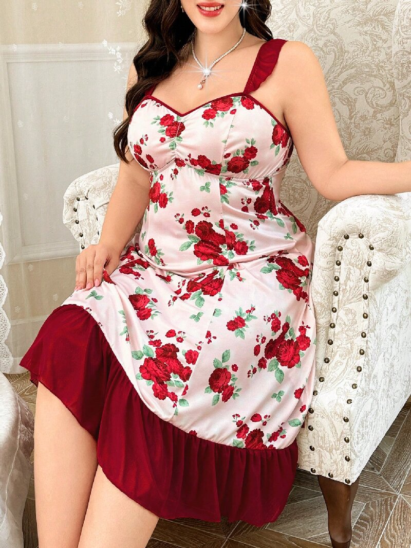 Plus Size Women's Floral Print - Guipure Lace Panel ulasan dan harga