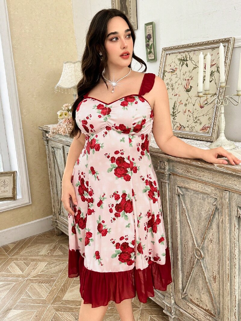 Plus Size Women's Floral Print - Guipure Lace Panel ulasan dan harga