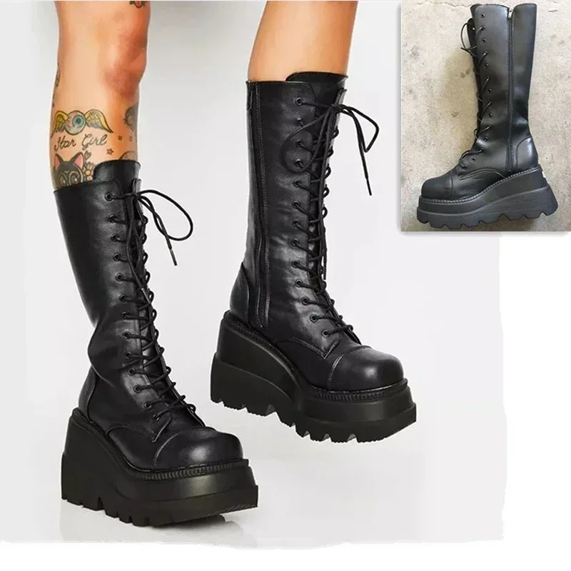 Punk Women Platform Boots Elas - Guipure Lace Panel ulasan dan harga
