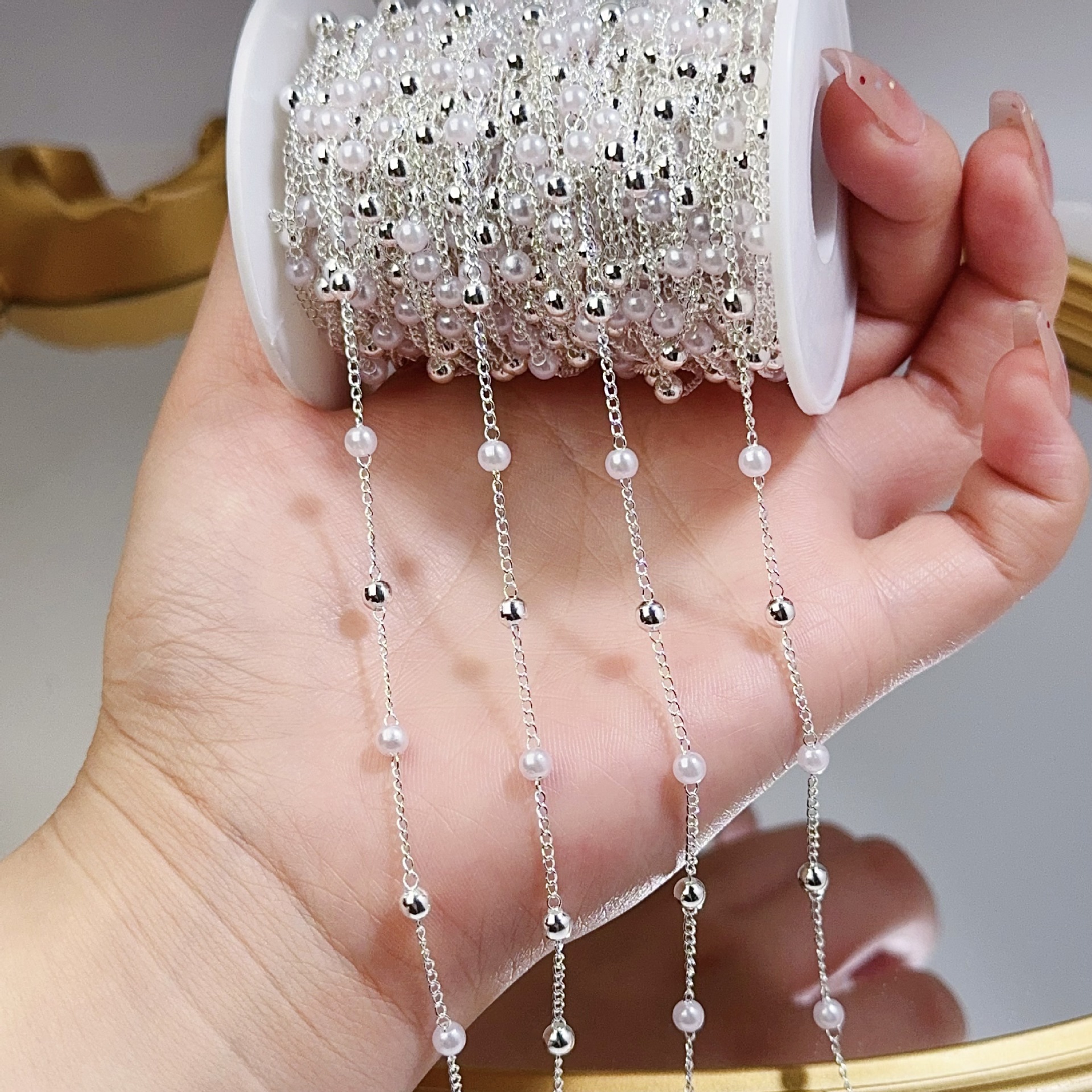 0.5/1/2M Pearl Copper Bead Cha - Pearl Trim Chain ulasan dan harga