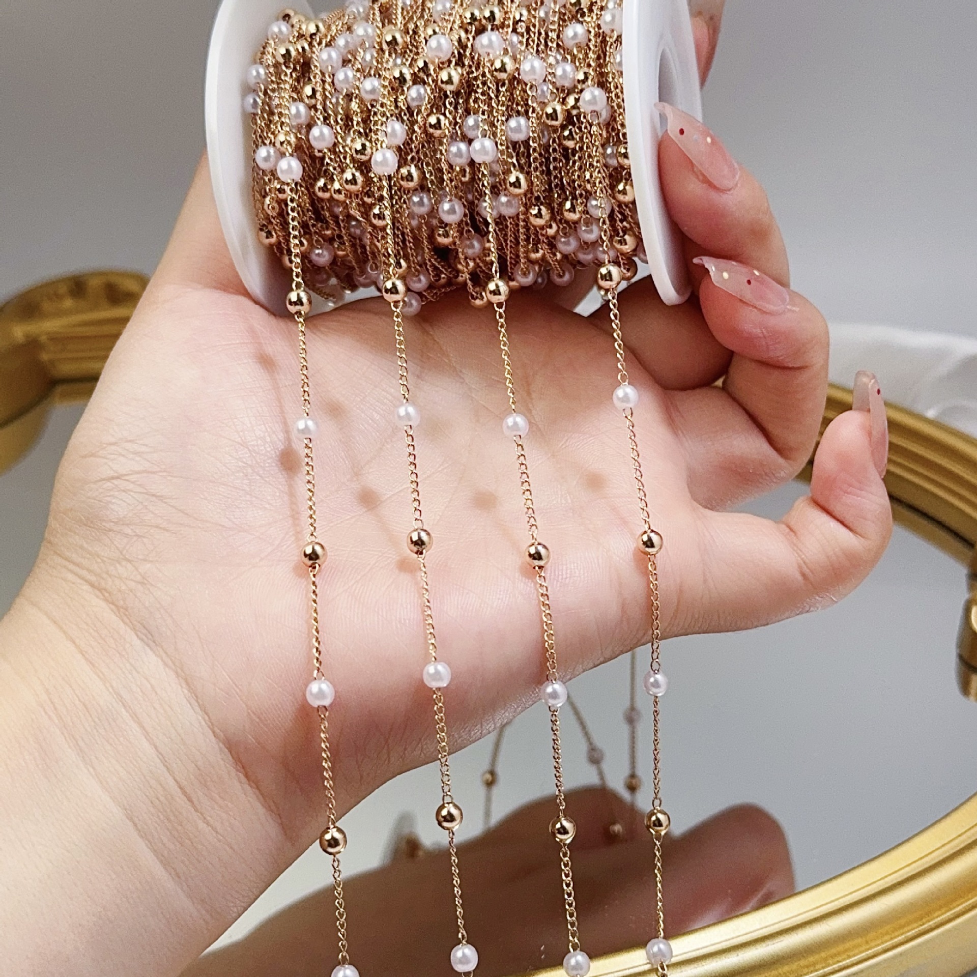 0.5/1/2M Pearl Copper Bead Cha - Pearl Trim Chain ulasan dan harga