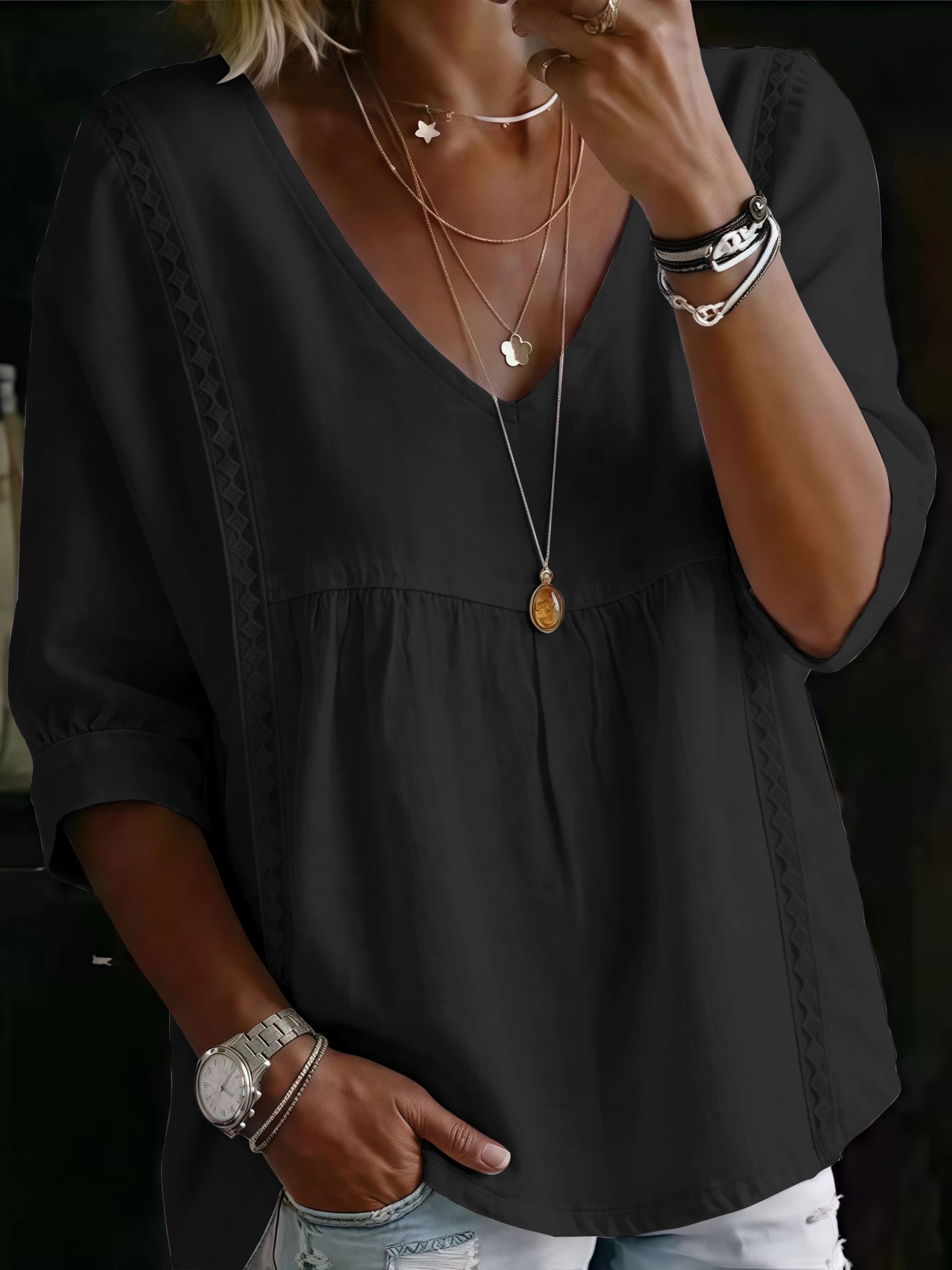 Women's Summer V-Neck 3/4 Slee - Guipure Lace Panel ulasan dan harga